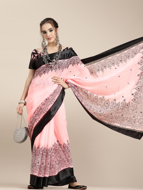 

Saree mall Pink & Black Ethnic Motifs Mirror Work Linen Blend Chanderi Sarees