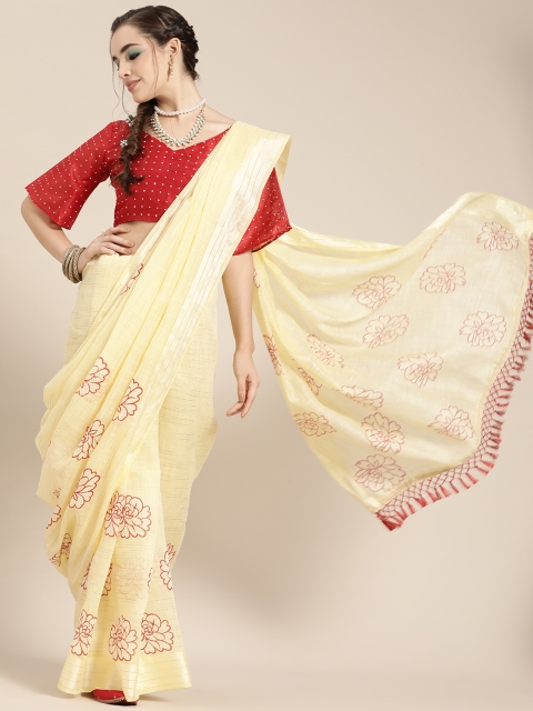 

Saree mall Beige & Maroon Floral Printed Linen Blend Block Print Sarees