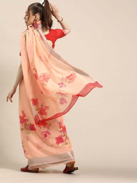 

Saree mall Floral Linen Blend Saree with Sleek border, Peach