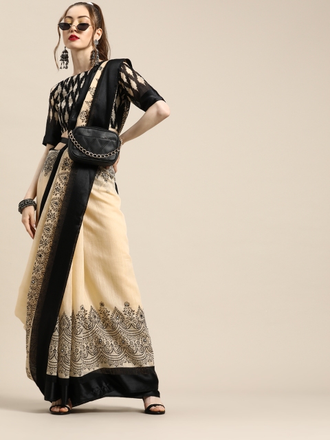 

Saree mall Ethnic Motifs Linen Blend Saree with Sleek border, Cream