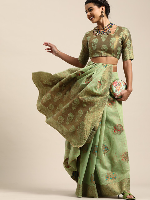 

Saree mall Ethnic Motifs Silk Blend Saree with Woven Design border, Green