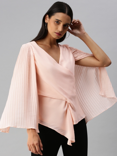 

Vero Moda Pink Solid Accordion Pleated Sleeve Wrap Top