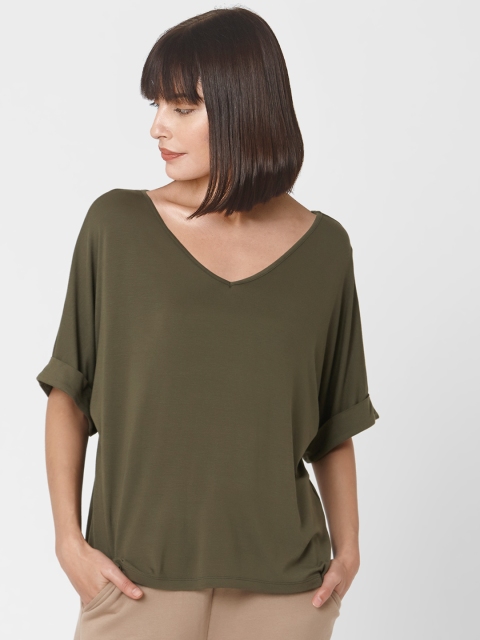 

Vero Moda Women Olive Green Solid V-Neck T-shirt