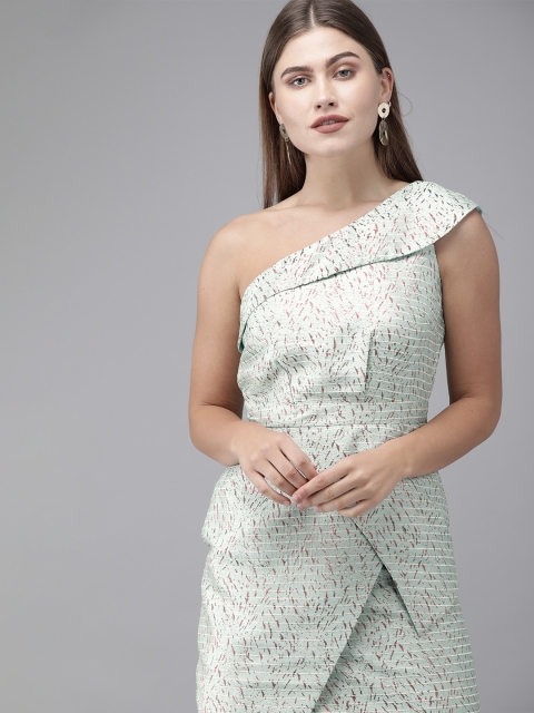 

Vero Moda Women Sea Green Self Design One-Shoulder Layered Bodycon Dress