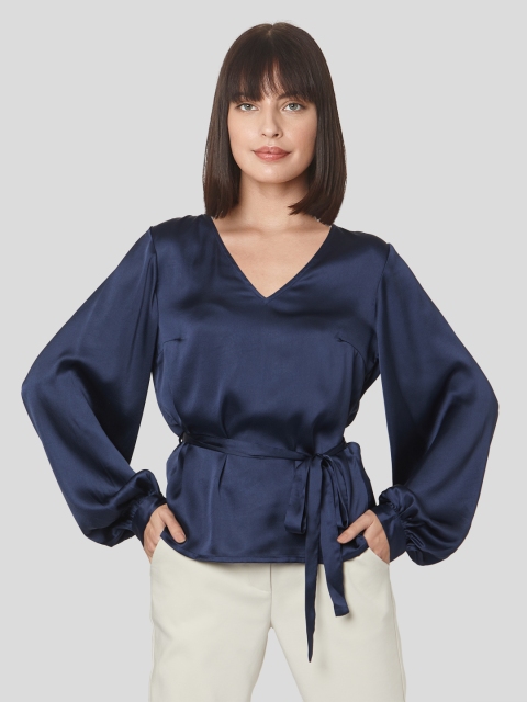 

Vero Moda Navy Blue Puff Sleeves Regular Top with Tie-up