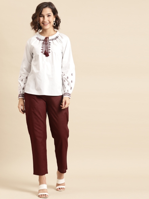 

Prakrti Women White & Maroon Embroidered Detail Top with Crop Trousers