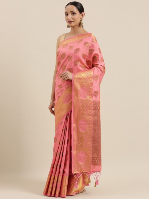 

MIMOSA Pink & Golden Art Silk Woven Design Kanjeevaram Saree
