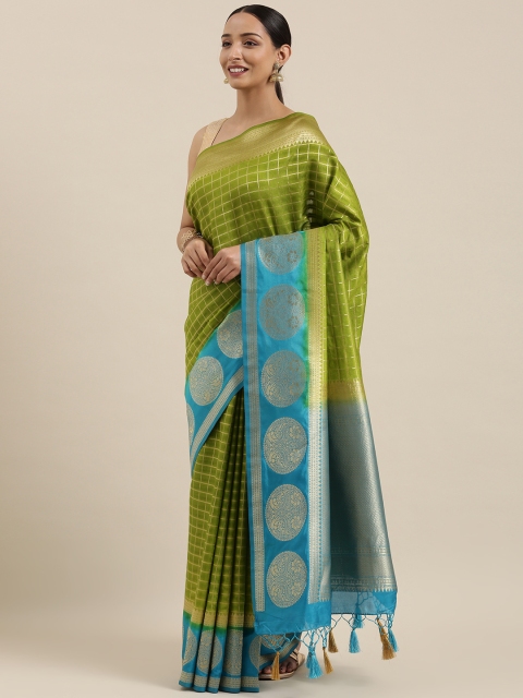 

MIMOSA Olive Green & Gold-Toned Art Silk Checked Kanjeevaram Saree