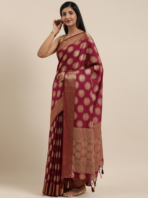 

MIMOSA Maroon & Gold-Toned Art Silk Woven Design Kanjeevaram Saree