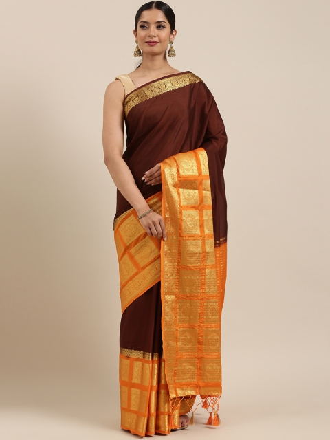 

MIMOSA Brown & Gold-Toned Solid Mysore Silk Saree