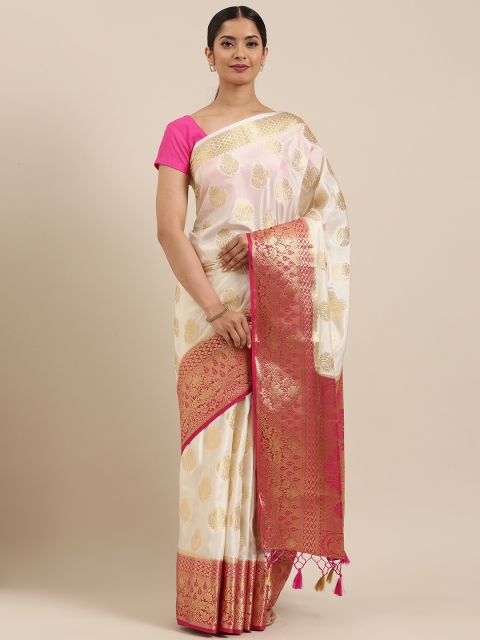 

MIMOSA Off-White & Gold-Toned Art Silk Woven Design Kanjeevaram Saree