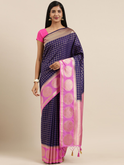 

MIMOSA Navy Blue & Gold-Toned Art Silk Checked Kanjeevaram Saree