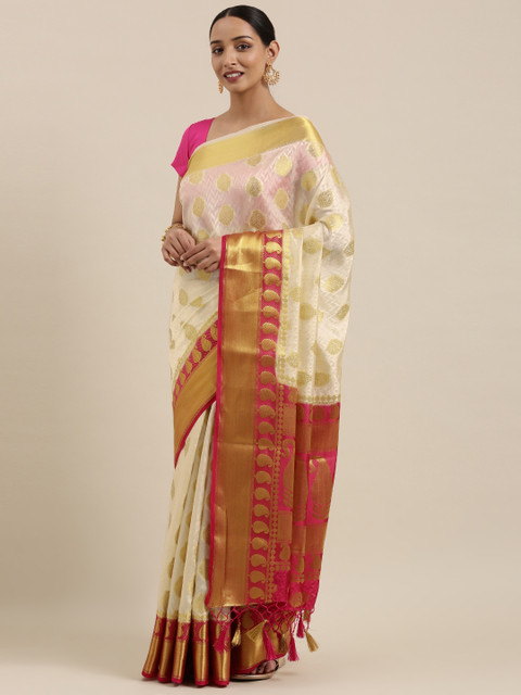 

MIMOSA Off-White & Golden Art Silk Woven Design Kanjeevaram Saree