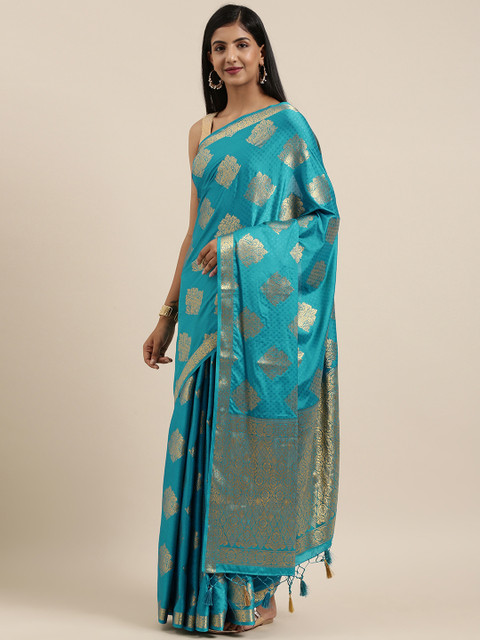 

MIMOSA Blue & Golden Poly Crepe Woven Design Mysore Silk Saree