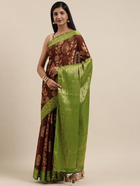 

MIMOSA Brown & Gold-Toned Poly Chiffon Woven Design Saree