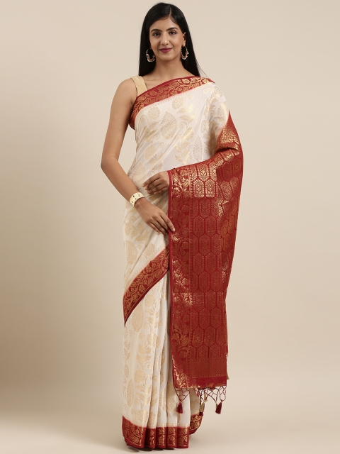 

MIMOSA Off-White & Gold-Toned Poly Chiffon Woven Design Designer Saree