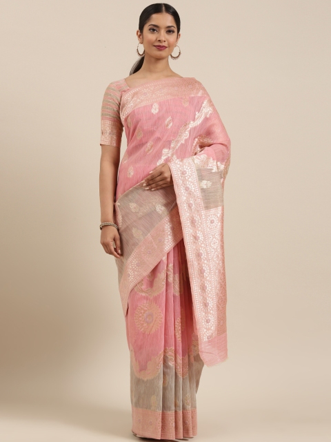 

MIMOSA Pink & Silver-Toned Cotton Blend Woven Design Banarasi Saree