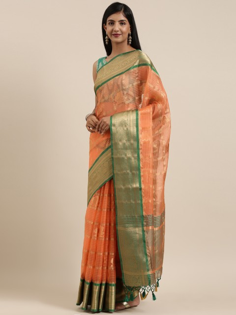 

MIMOSA Coral Orange & Gold-Toned Organza Woven Design Banarasi Saree
