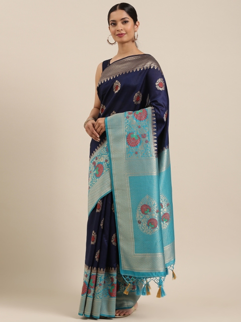 

MIMOSA Navy Blue & Gold-Toned Art Silk Woven Design Kanjeevaram Saree