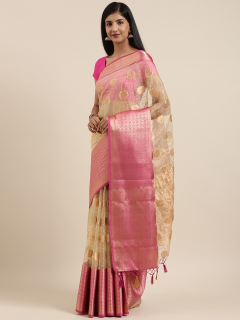 

MIMOSA Beige & Gold-Toned Organza Woven Design Banarasi Saree