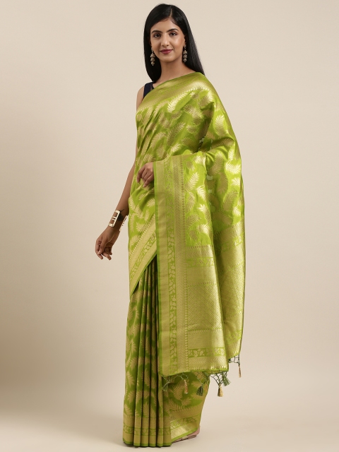 

MIMOSA Olive Green & Gold-Toned Art Silk Woven Design Kanjeevaram Saree