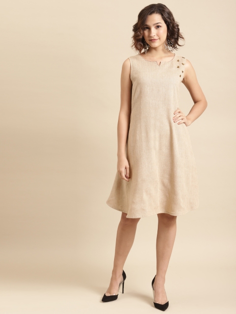 

Prakrti Women Beige Solid Sustainable A-Line Dress with Sequinned Detail