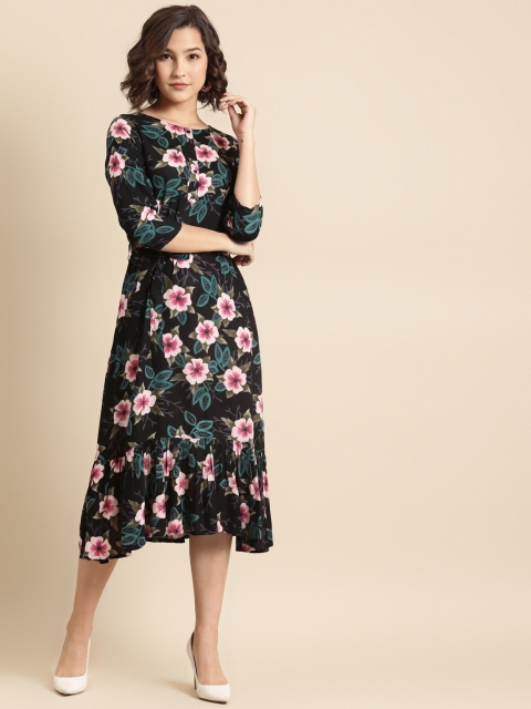 

Prakrti Women Black & Pink Romantic Floral Print Midi A-Line Dress with Belt