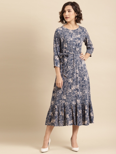 

Prakrti Women Navy Blue & Beige Romantic Floral Print Midi A-Line Dress with Belt