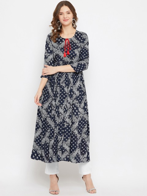 

Tissu Women Navy Blue Printed Keyhole Neck Anarkali Kurta