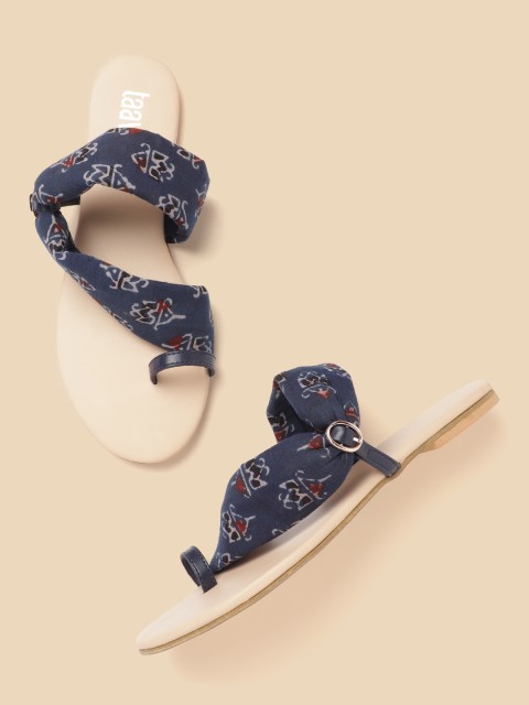 

Taavi Women Navy Blue & Off-White Ethnic Motifs Print Handcrafted Open Toe Flats