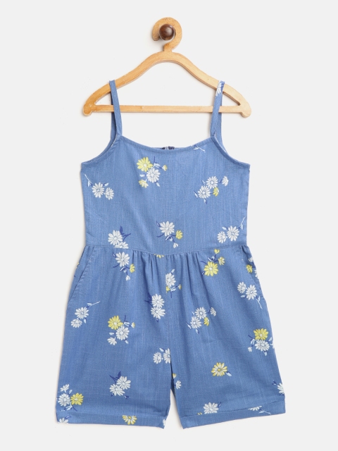 

luyk Girls Blue & White Floral Printed Cotton Playsuit