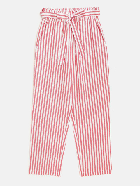 

luyk Girls Red & White Striped Cotton High-Rise Regular Trousers