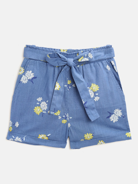 

luyk Girls Blue & Yellow Pure Cotton Floral Printed High-Rise Regular Shorts