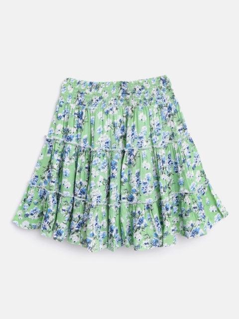 

luyk Girls Sea Green & Blue Floral Printed Tiered Skirt