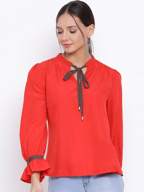 

ALL WAYS YOU Red Tie-Up Neck Bell Sleeves Crepe Regular Top