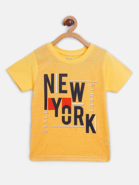 

Eteenz Boys Mustard Yellow Navy Blue New York Print Round Neck Pure Cotton T-shirt