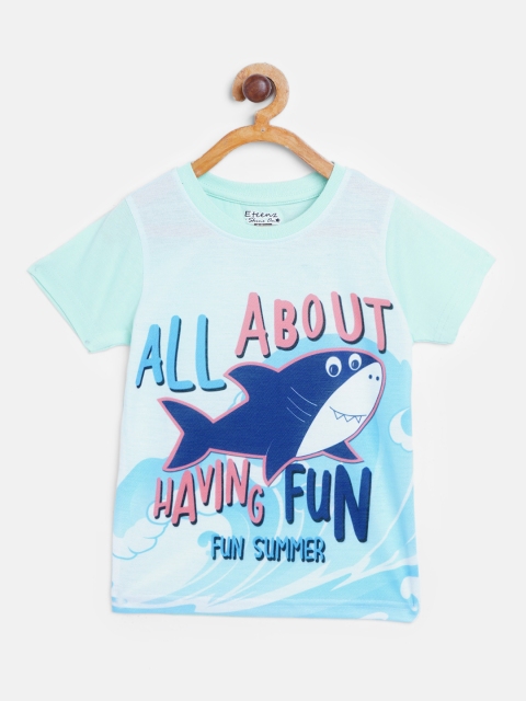 

Eteenz Boys Mint Green & Blue Nautical Print Pure Cotton Round Neck T-shirt