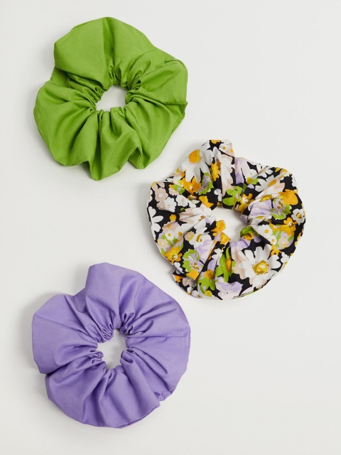 

MANGO Women Set of 3 Cotton Scrunchies with Ruched Detail, Purple