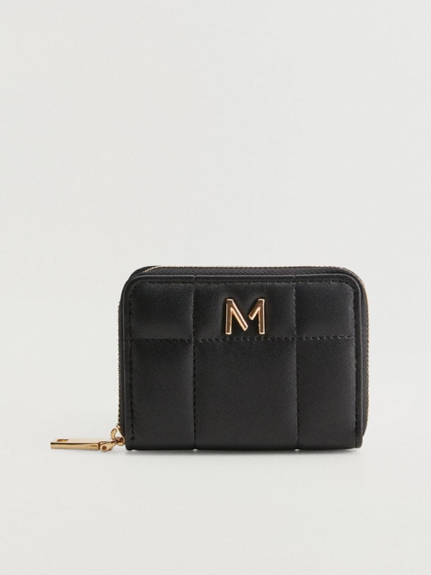 

MANGO Women Black Quilted Zip Around Wallet