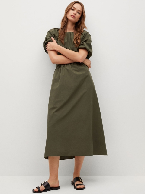 

MANGO Olive Green Solid Pure Cotton Sustainable A-Line Midi Dress