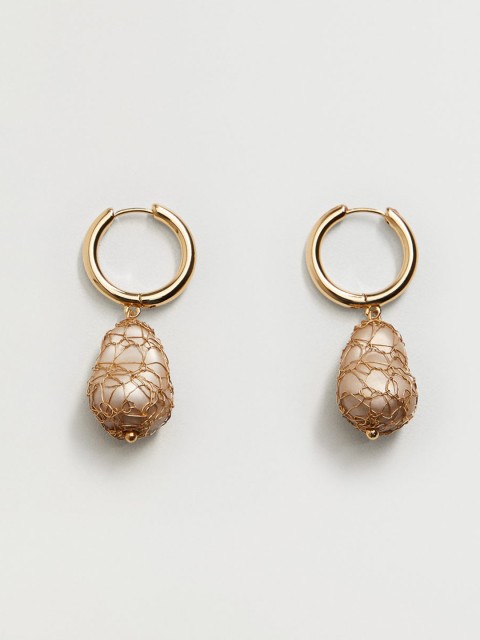 

MANGO Gold-Toned & Pink Beaded Teardrop Shaped Drop Earrings