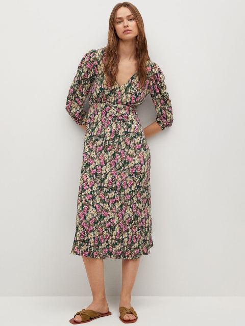 

MANGO Green & Pink Floral Sustainable A-Line Midi Dress