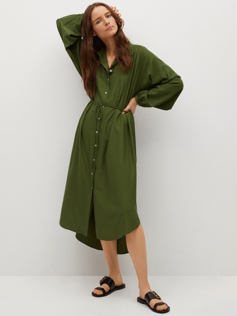 

MANGO Olive Green Striped Shirt Midi Dress