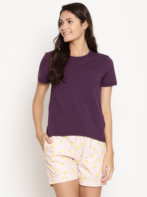 

COASTLAND Women Purple & Yellow Solid Night suit