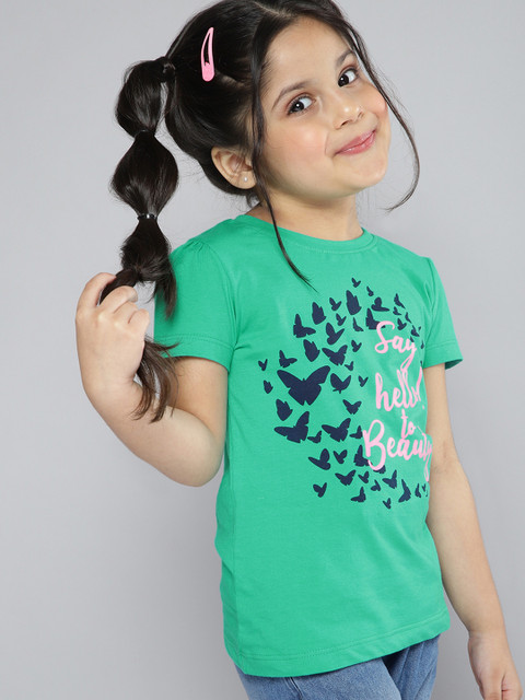 

YK Girls Green & Navy Cotton Butterfly & Typography Print Puff Sleeves Round Neck T-shirt