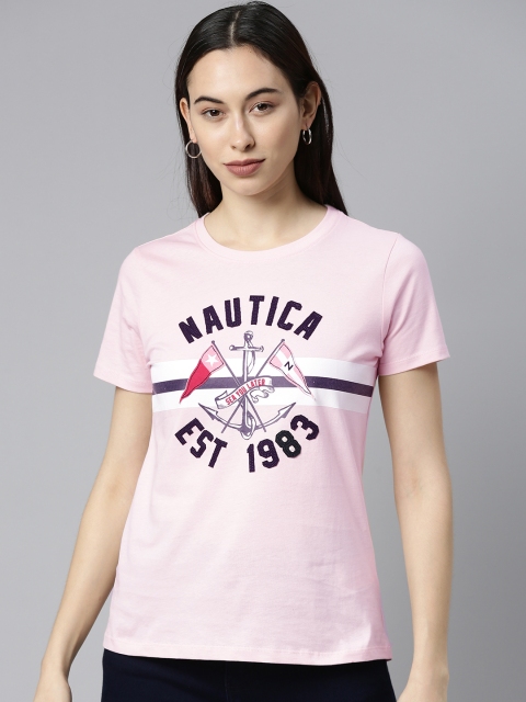 

Nautica Women Pink Printed Regular Fit Pure Cotton T-shirt