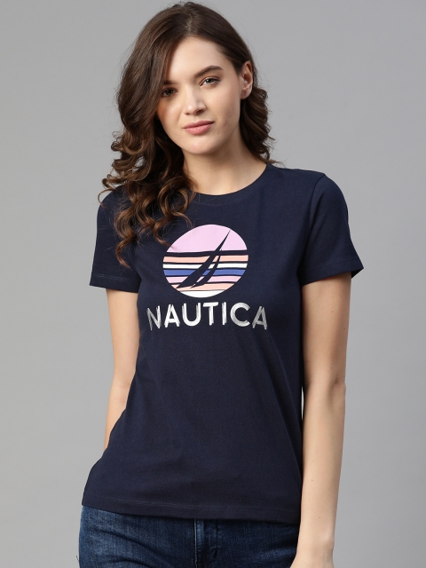 

Nautica Women Navy Blue & White Brand Logo Printed Pure Cotton T-shirt