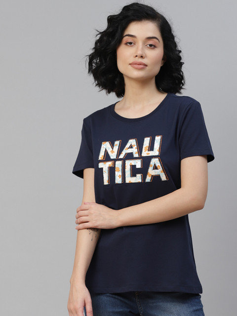 

Nautica Women Navy Blue & Off White Brand Logo Printed T-shirt