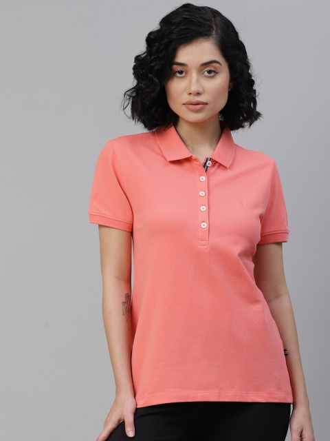 

Nautica Women Peach-Coloured Solid Polo Collar T-shirt