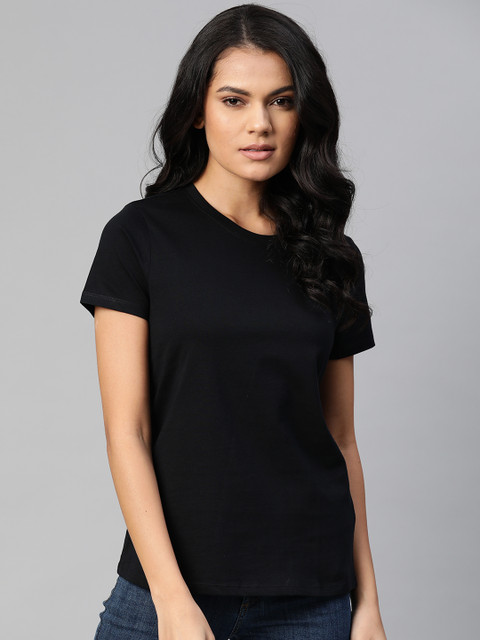 

Nautica Women Black Solid Pure Cotton Round Neck T-shirt
